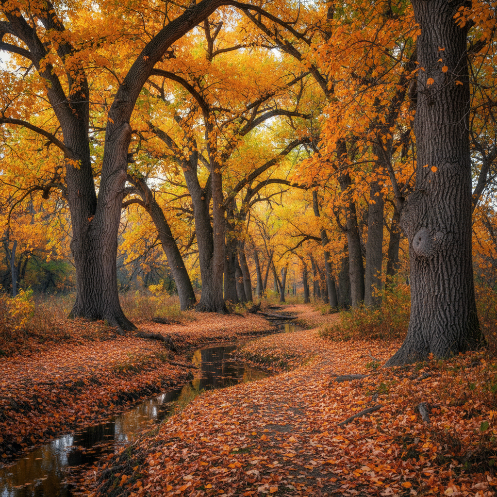 A richly detailed autumn cottonwood gallery forest along the Missouri River near Helena, rendered in warm photographic realism. Massive cottonwood trunks with deeply furrowed gray-brown bark dominate the scene, their broad crowns ablaze in shades of gold, amber, and pale green. The forest floor is carpeted with freshly fallen leaves, some crisp, some damp and darkened near shallow side channels of still water that mirror flashes of color above. Soft, low-angle late-afternoon sunlight filters through the canopy, creating a patchwork of glowing leaves and cool shaded trunks. Captured at eye level with a gentle leading path of flattened leaves drawing the viewer inward, the composition uses asymmetrical balance to keep the scene natural and unmanicured. The mood is immersive, peaceful, and slightly nostalgic, highlighting seasonal transitions in Helena’s riparian corridors.