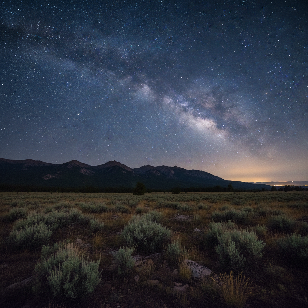 A night-time, wide-angle landscape of the Big Belt Mountains rising above the Helena area, captured in high-resolution photographic realism. The dark, forested slopes form a jagged silhouette against a deep indigo sky crowded with stars, the Milky Way arching faintly across the upper frame. In the foreground, an open sagebrush flat extends toward the viewer, with silvery-blue shrubs and tufts of bunchgrass faintly illuminated by soft natural starlight. A subtle faint glow on the horizon hints at distant town lights without overpowering the scene. Long-exposure-style lighting reveals delicate textures in rocks and vegetation while preserving the darkness of true night. The composition is centered but slightly off-axis, emphasizing both earth and sky. The mood is contemplative and humbling, evoking the sense of a vast nocturnal ecosystem surrounding Helena.