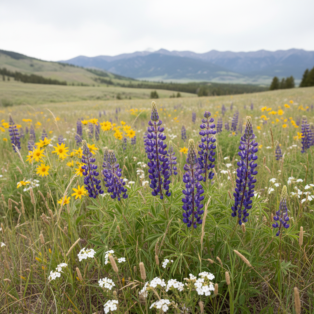 A close-up, ground-level view of a diverse Montana prairie meadow in late spring, captured in detailed photographic realism. Native grasses in varied greens and tawny hues sway gently, interspersed with blooming wildflowers: purple lupine spires, sunlit yellow balsamroot, and delicate white phlox. In the midground, rounded foothills rise softly, leading the eye toward distant blue-gray mountains under an overcast but bright sky. Diffused, cloud-filtered light eliminates harsh shadows, revealing subtle textures on each leaf and petal. The composition follows the rule of thirds, with wildflowers dominating the lower frame and open sky above, creating a calm, balanced atmosphere. A shallow depth of field keeps the front cluster of flowers in crisp focus while gradually softening the background, conveying a peaceful, living tapestry of native prairie habitat near Helena.