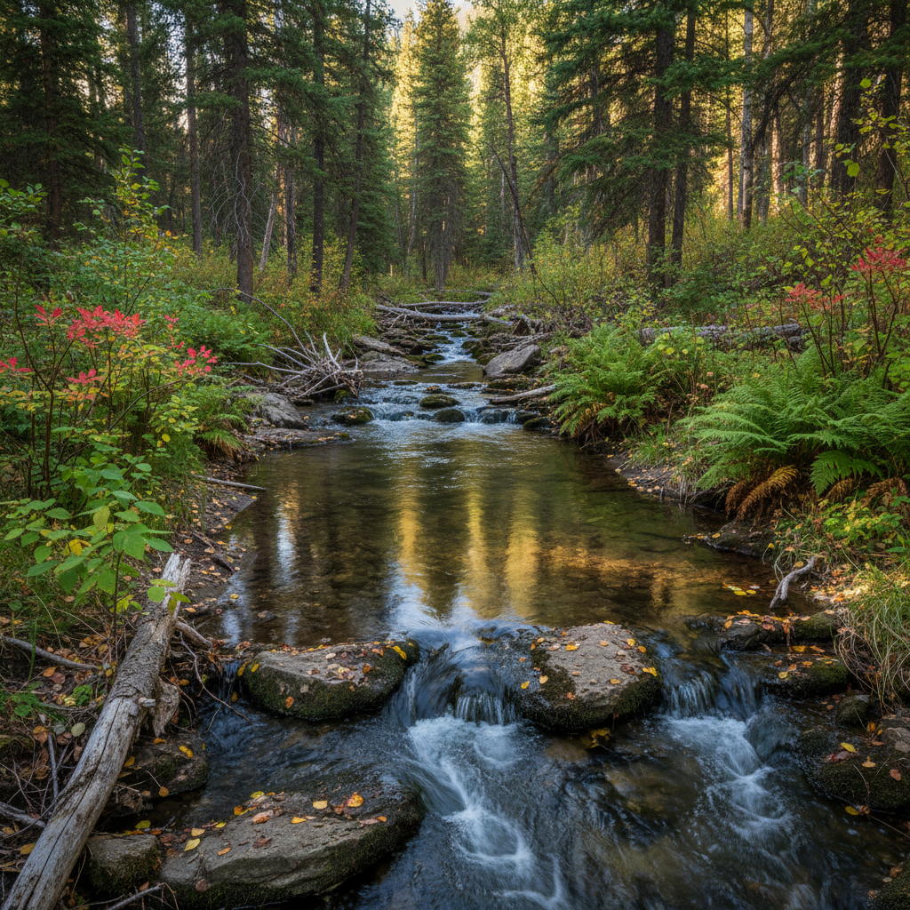 A detailed, eye-level view of a clear Montana creek flowing through a mixed conifer and aspen forest, envisioned in realistic photography. The water tumbles over rounded, moss-covered stones, forming small, sparkling cascades and glassy pools that reflect the surrounding greenery. On the banks, vibrant green ferns, red-twig dogwood, and young cottonwoods root into damp soil strewn with pale driftwood and golden-brown leaves. Dappled mid-morning sunlight filters through the canopy, creating shifting patches of light and shadow that dance on the water’s surface. The composition leads the eye upstream along the gentle curve of the creek, with sharp focus on the textured rocks in the foreground and a slightly softened background of layered trunks and understory. The mood is cool, refreshing, and quietly energetic, highlighting intimate riparian habitats that connect Helena to its wild watershed.