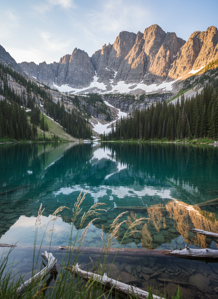 A pristine alpine lake tucked beneath jagged granite peaks in the Montana backcountry, rendered in crisp photographic realism. Crystal-clear turquoise water reveals smooth stones on the lakebed near the shore, transitioning to deep cobalt in the center. Dense conifer forests—Douglas fir, lodgepole pine, and spruce—climb the slopes, their dark greens contrasting with lingering snowfields and a pale blue sky streaked with thin cirrus clouds. Soft golden hour light grazes the mountain faces from the side, carving out ridges and casting dramatic yet gentle reflections on the still surface. Shot from a low, shoreline perspective with a foreground of weathered driftwood and delicate alpine grasses in sharp focus, fading into slightly softened distant peaks. The mood is serene, untouched, and reverent, emphasizing wild spaces just beyond Helena’s backyard.